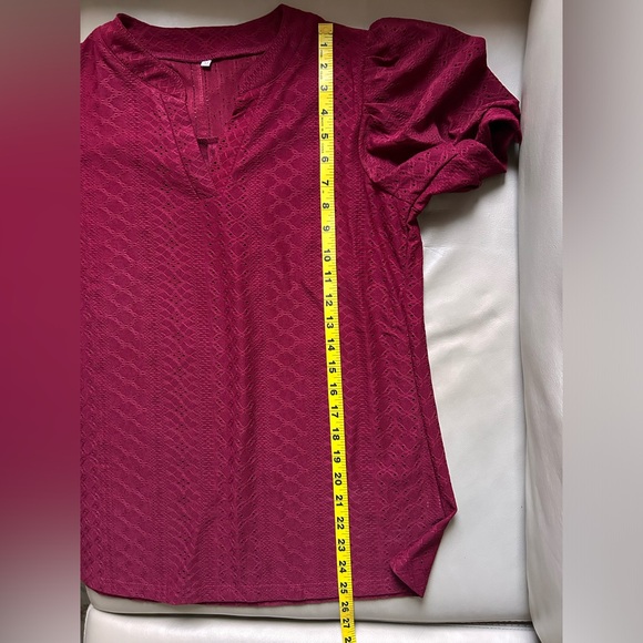 Puffed Sleeve top, Pointelle Design V Neck wine red maroon colour - Picture 6 of 6